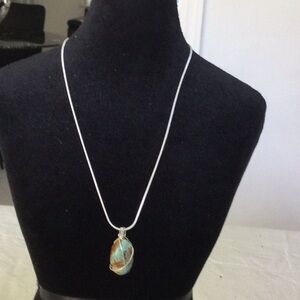 Silver Color Necklace with Turquoise and Brown Pendant NWOT *